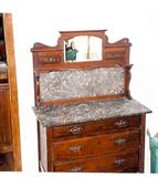 WALNUT DRESSER W/ MARBLE TOP & BACK SPLASH