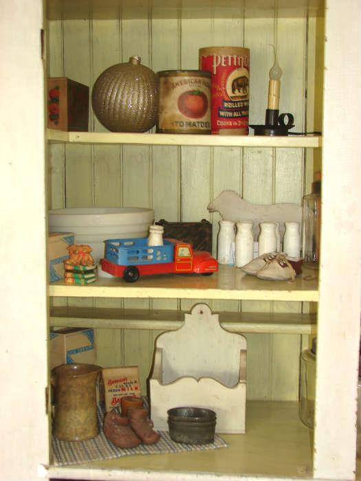 Salt box, old toys, advertising tins, small primitives