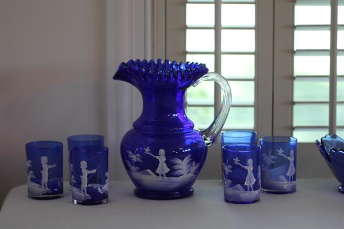 Lovely Mary Gregory pitcher with six glasses