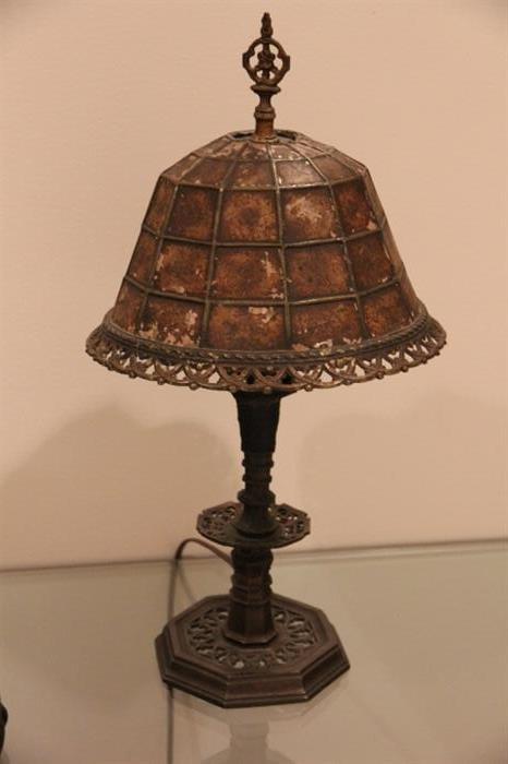 a good Arts and Crafts era lamp with mica shade, unsigned, lamp is right but "as is"