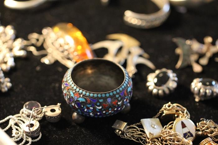 Russian silver enamel salt dish, gold filled charm bracelet