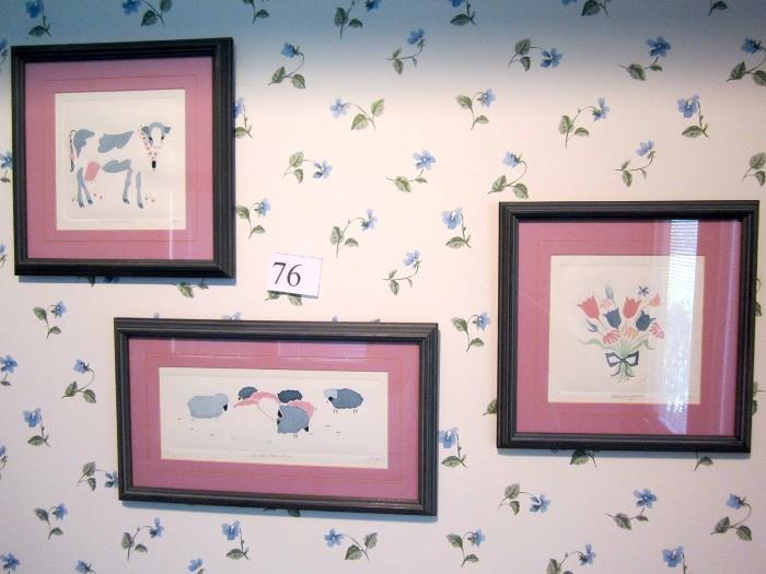 Group of 3 pink, blue signed prints