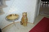 Glass Top Table, Leopard, Brass and Silver Trays
