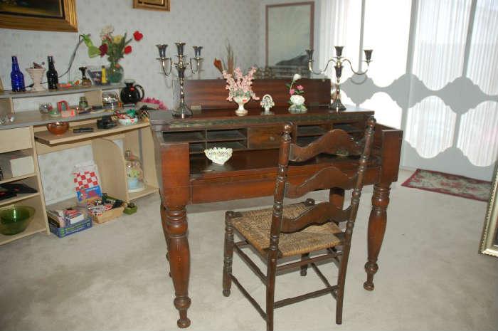 Piano Desk, Porcelain and Metal Flowers, Rattan Chair