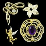 Lot of 4 Brooches. Butler putti plus three unmarked. Rhinestones. All Goldtone.
Condition: Very Good
Shipping: Yes
Size: 1.75"3"