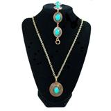 Copper/Goldtone Southwestern Style Pendant Necklace and Bracelet. Turquoise Colored Cabachons.
Condition: Very Good
Shipping: Yes
Size: 7"/24"