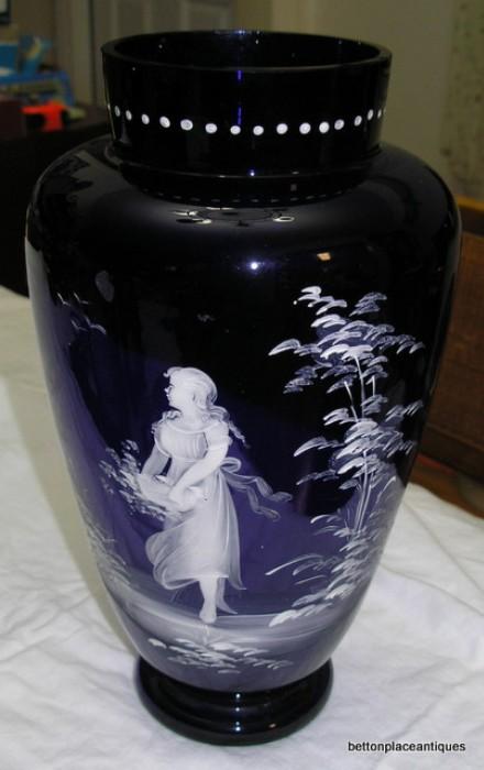 Newer Cobalt blue Glass Mary Gregory Style tall Vase