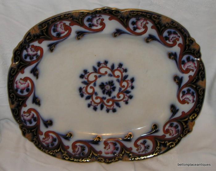 Large Minton Platter flow blue edges with gold in polychrome