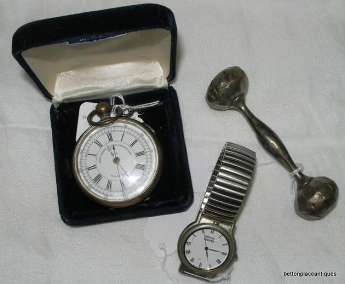 Tell Chronograph pocket Watch working, sterling silver baby Rattle and Bjoux terner watch