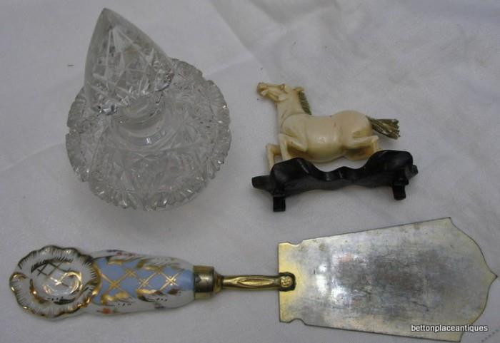 Czechoslovakian Crystal Perfume Bottle, Bone Horse and Porcelain handled Cake server