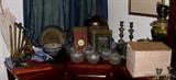 Brass Candlesticks, large Dictionary, Samovar, Tantalus, Rose Bowls,Slide Rules and more