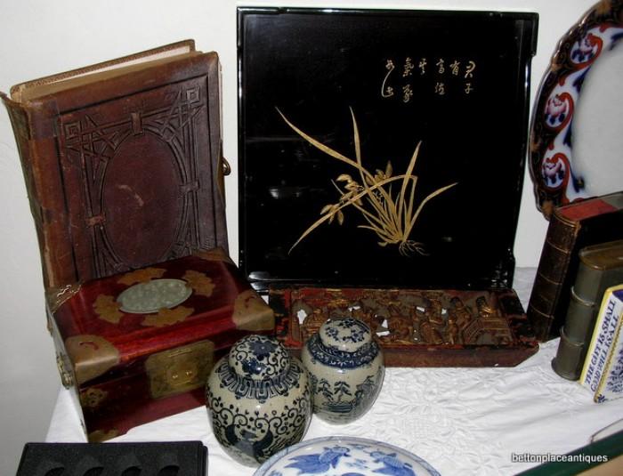 Antique Photo Album, Japanese lacquer box with jade inset