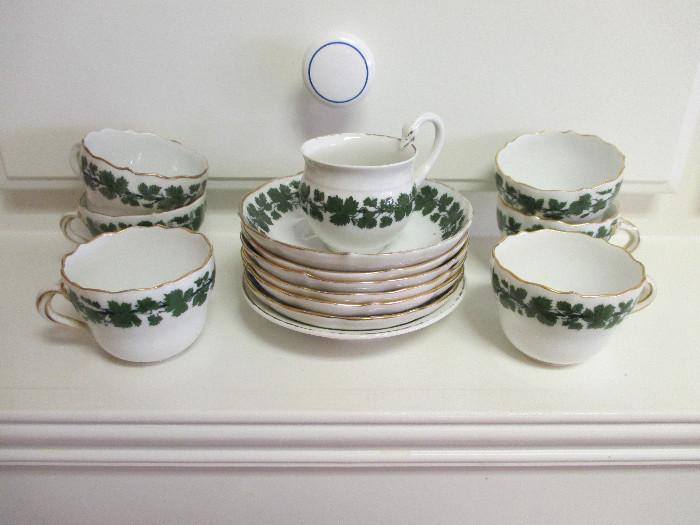 Meissen Full Green Vine Cups and Saucers