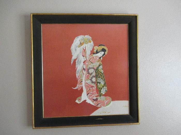 1950s Oriental Painted Silk Framed Art In Original Frame