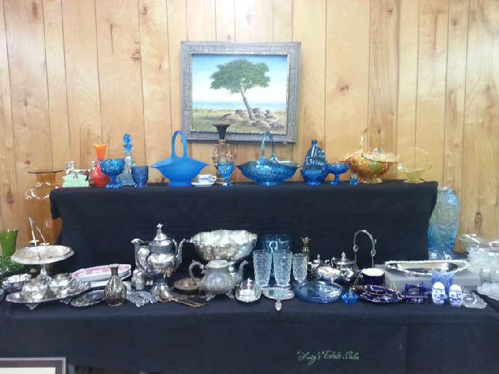 Great selection of Tiara Indiana Glassware Blue Diamond Point, Silverplated Punch Bowl, Serving Pieces.