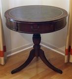 1930's Leather Top Drum Table with Original Brass Paw Feet
