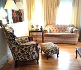 Custom Built and Upholstered Carved Queens Anne Chair and Ottoman, Velour Pin Back Couch and Love Seat