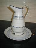 Enamel ware pitcher w/round tray