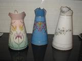 3 large body pitchers, 2 hand painted and the third partially so