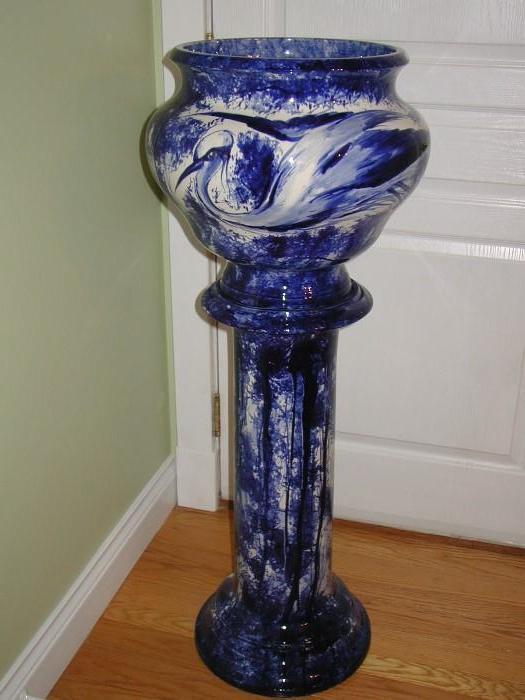 Flow Blue jardinière and pedestal. Jardiniere is 44 x 17 1/4", pedestal is 29" hand painted & signed by artist, spectacular piece!