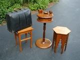 misc small tables, smoking stand & old leather suitcase