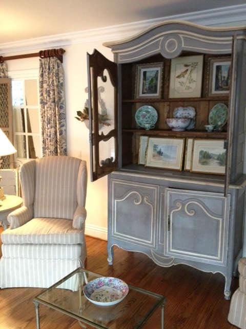 Painted French buffet deux corps, Rose Medallion, Staffordshire, tole trays, wall sconces, 18th C mirrors, 19th C Italian landscape oil paintings, silverplate objects, sterling silver trays.