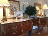Pair of Louis VXI style French Bombe Marble top chest with ormolu mounts with floral inlay. Hand colored Italian prints, Pair of Italian Painted Lamps,
