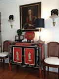 18th Century portrait of Boy with Dog, painted Italian Empire Black and Red Chest with Faux marble top, Silver plated neoclassical lamp, Louis XVI style set of 6 chairs with down filled cushions, pair painted wall sconces with guilding, Red chinoiserie laquerware tray