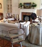 Origianl Brooks Noah contemporary director chairs, oil paintings, Custom silk rug, needle point rugs, 19th c etchings, 19th century Oriental screens and china