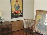 French and American military posters, furniture lamps chairs