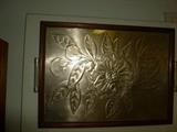 Vintage tray.. etched tin under glass w/ bakelite handles..Signed