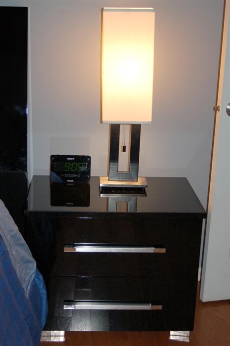 Modern contemporary black lacquer nightstands (pair) and lamps