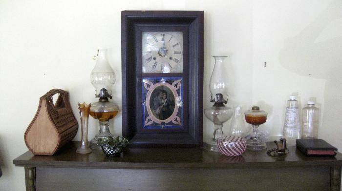 Hurricane lamps and vintage clock
