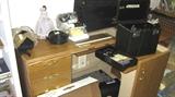 Sewing desk with Feather weight sewing machine in case etc.