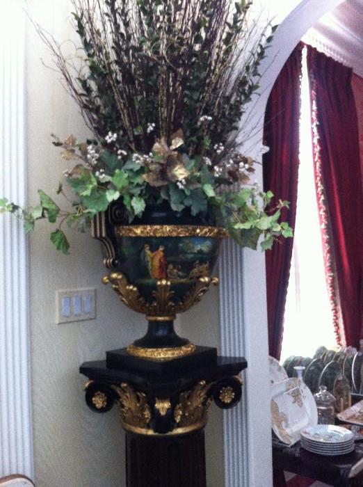 pillared carved plant stand; hand-painted urn with arrangement