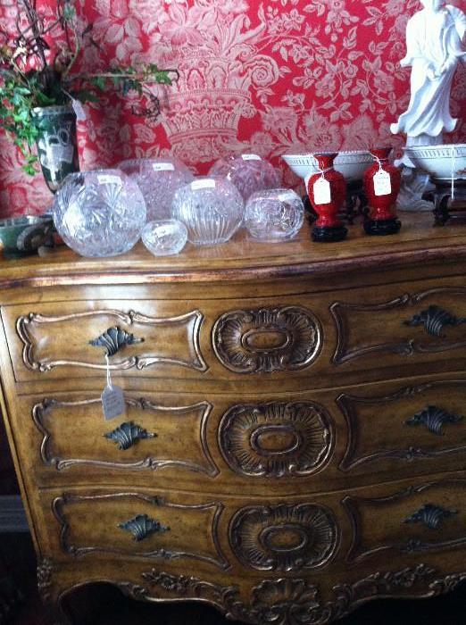   1 of 2 exquisite Bombay 3-drawer chests; rose bowls; Asian items