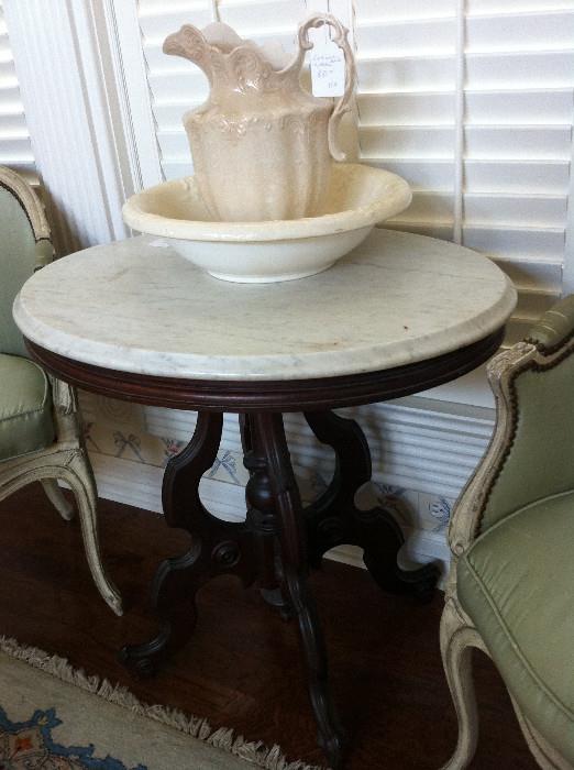 1 of 2 (not matching) marble top Victorian tables; 2 silk fabric French style chairs