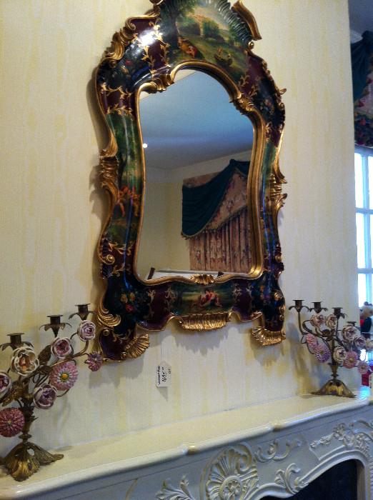 hand-painted Italian Florentine mirror; pair of decorative candelabras
