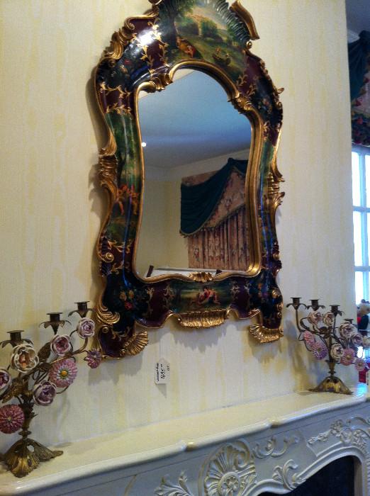 hand-painted Italian Florentine mirror; pair of decorative candelabras