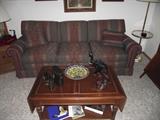 Thomasville couch, coffee table with drop leaf shelves & lower shelf