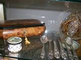 STERLING FLATWARE, LIMOGES TRINKET BOX, MUSIC BOX