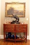 Sherrill occasional console;  Frederic Remington Bronze "Wicked Pony" (20" tall x 19" wide x 10" deep);  Waterford & other fine crystal