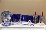 Johnson Bros. "Astoria" gravy boat;  Wood & Son ironstone bowl, Various cobalt blue stemware & tumblers