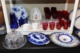 Grindley & Son "Shanghai" flow blue vegetable;  Wood & Son "Venice" platter;  Very fine cut crystal covered cheese dish;  Cut to cobalt water set;  Various cranberry stemware & tumblers