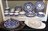 Set of blue willow style china;  Waterford cut crystal bowl; Johnson Bros. "Holland" flow blue plates