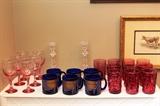 Various cranberry & cobalt tumblers and mugs