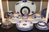 Grindley & Co. "Lorne" flow blue plates; Myott "Crumlin" flow blue ironstone; Grindley & Co "Hofburg" covered vegetable servers;  Johnson Bros. "Dresden" ironstone 16" platter
