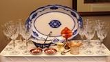 Grindley & Co. "Lorne" flow blue 20" platter;  Fine crystal stemware set;  Art glass tulip epergne