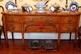 19th Century Sheraton bow front sideboard with inlaid fronts and top; Towle silverplate footed and covered casserole server