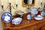Grindley & Sons "Crescent" flow blue covered vegetable, Johnson Bros. flow blue plates, Grindley & Co. "Florida" pattern flow blue oval platter, Bordeaux A&M tureen;  Reed & Barton "King Francis" casserole servers,  Sheffield 3-light candelabra